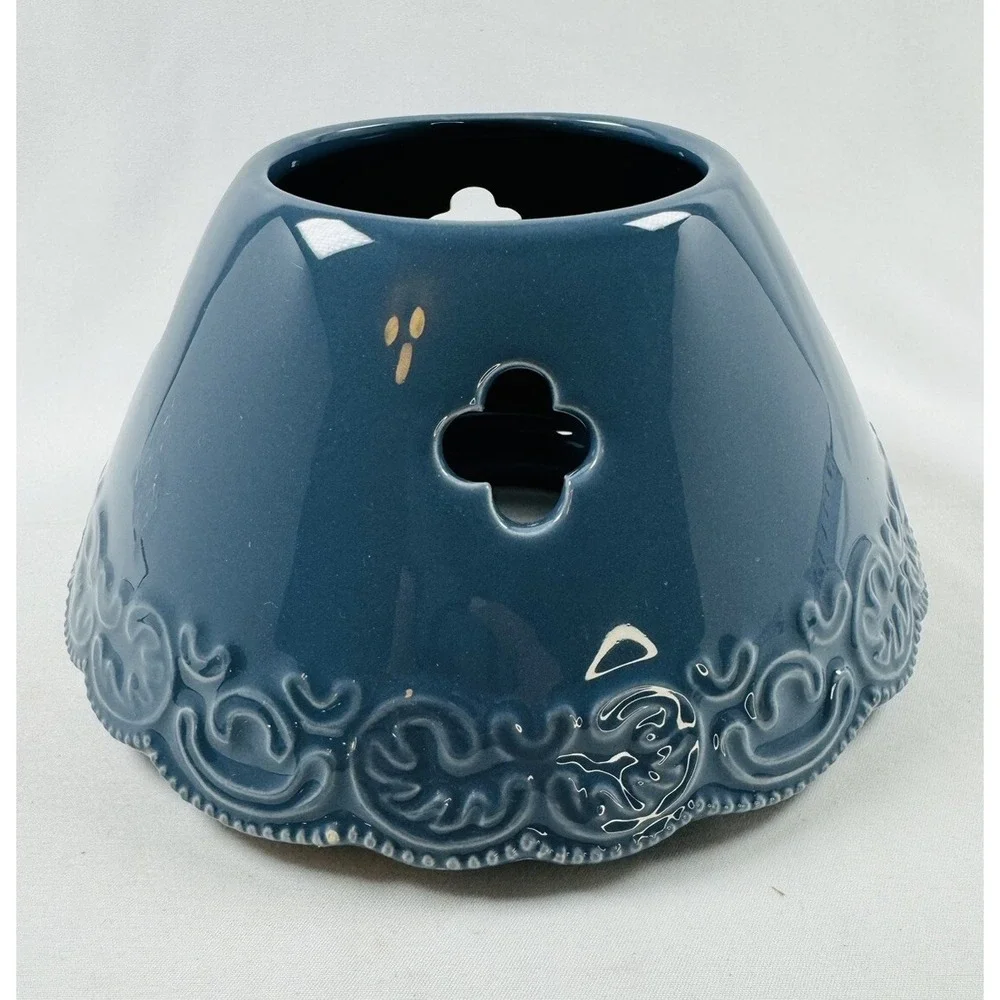 Yankee Candle Blue Ceramic Tart Warmer Lantern Style Cutout Scroll Trim